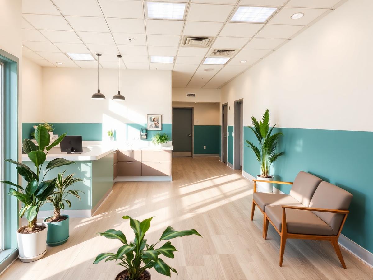 Bright reception and waiting area of SmileCare Dental Clinic with plants and teal accents