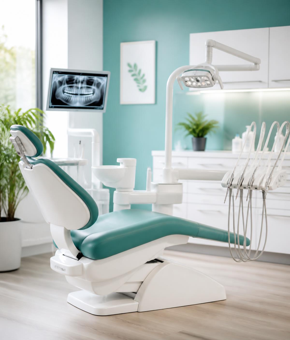 Modern dental treatment room at SmileCare Dental Clinic with a teal dental chair and digital X-ray display
